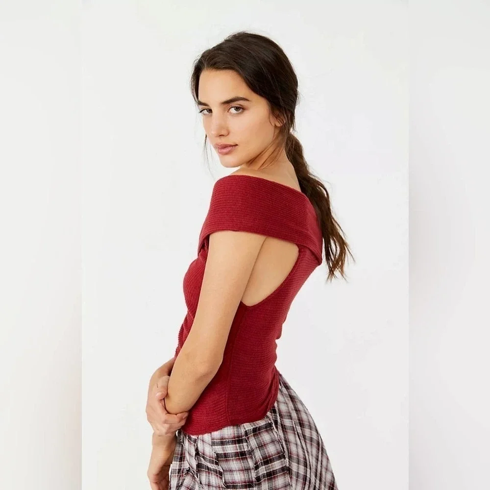 Free People FP This Cutie Red Ribbed Off Shoulder Top, Size Small
